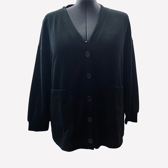 Women's size XL Solid Black Button up front patch pockets soft stretch Cardigan - Picture 1 of 7